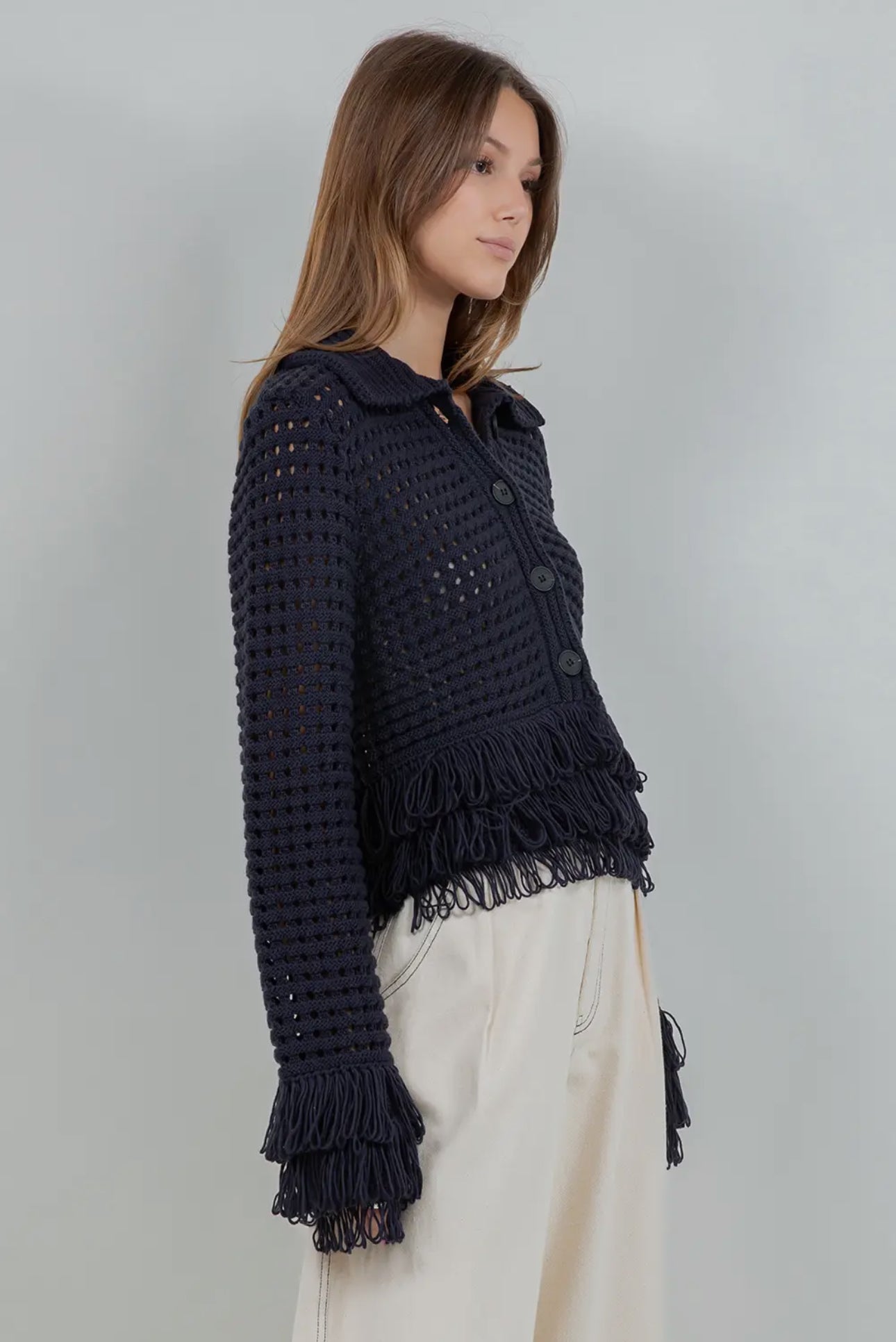 The Fringe Knit Cardigan Blue