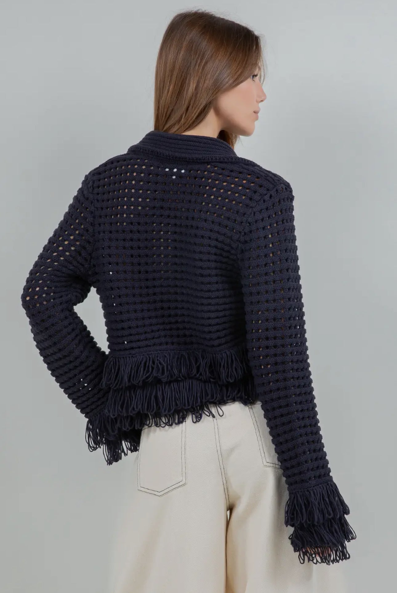 The Fringe Knit Cardigan Blue