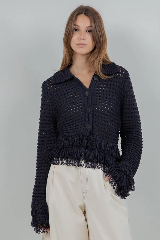 The Fringe Knit Cardigan Blue